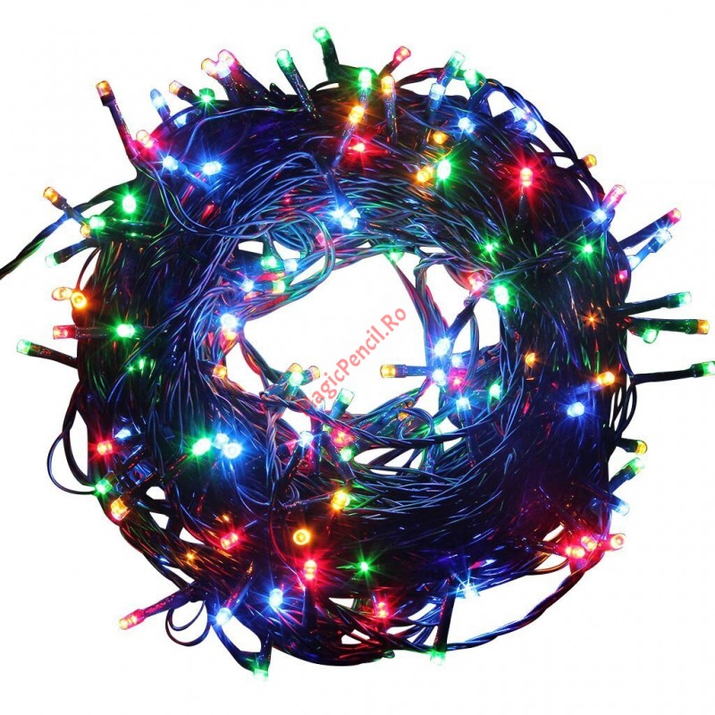 Instalatie Brad, Craciun, 500 LED-uri, 28M, Multicolor, 8 jocuri lumini, fir negru